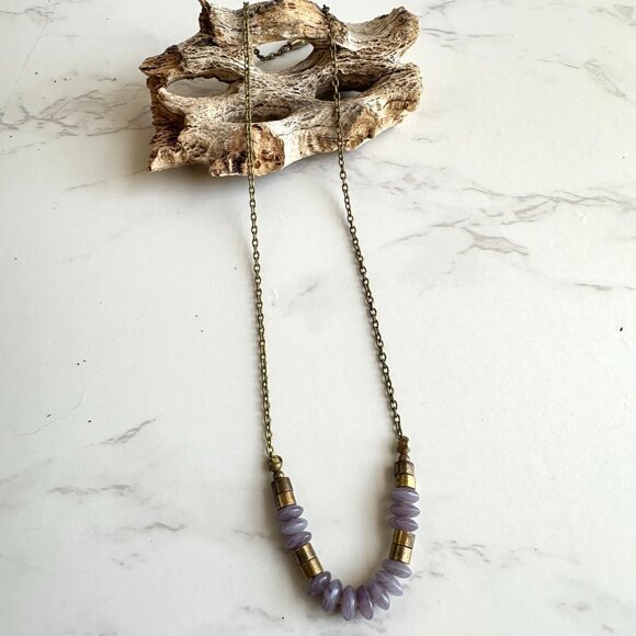 Purple Glass Disc Bead Choker Necklace With Brass Accents 14" Handmade Jewelry - Picture 5 of 8